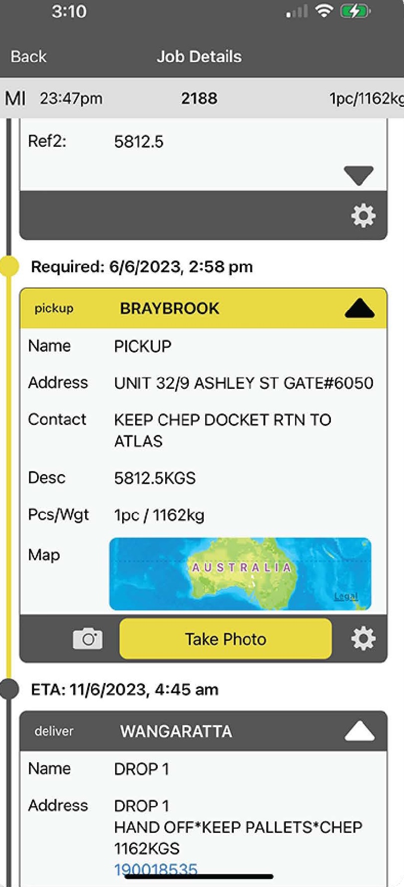 Hub Mobile job details screen with pickup, delivery, map and photo capture
