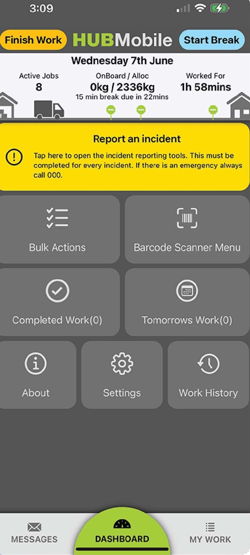 Hub Mobile driver app home screen