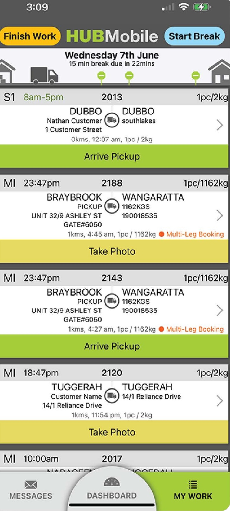 Hub Mobile live job list with pickups, deliveries and proof of delivery actions